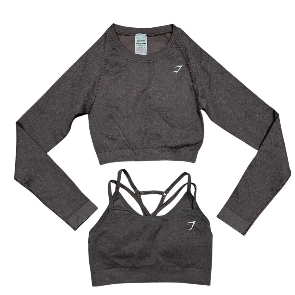 Gymshark Sz S Set Adapt Fleck Seamless Long sleeve and Sports Bra Brown Gym Crop
